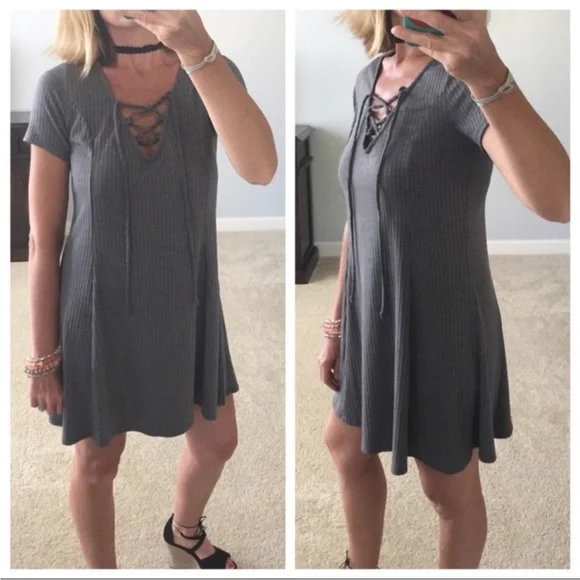 Charcoal Grey Ribbed, Lace Up Dress - Picture 2 of 5
